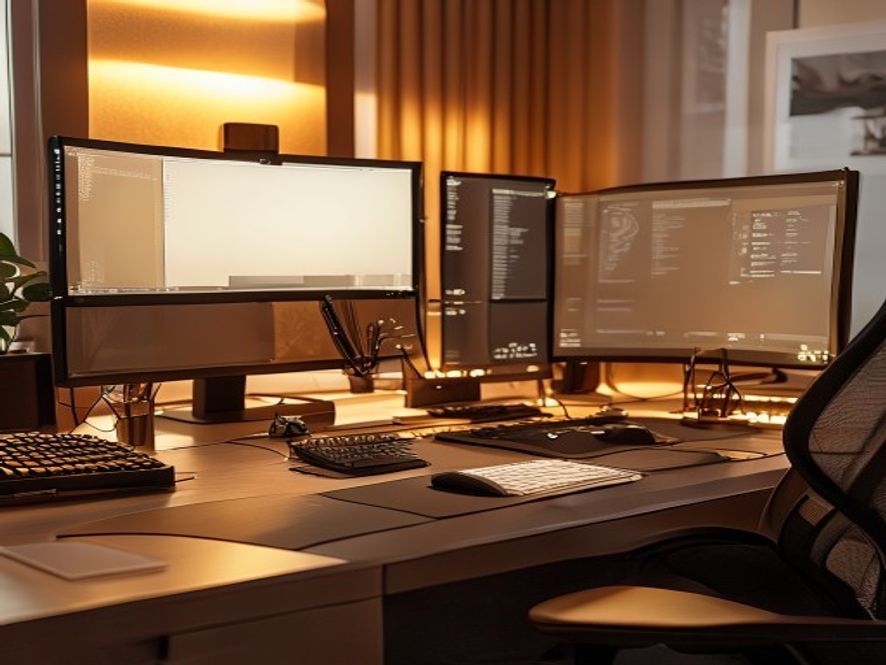 Organized workspace with multiple ergonomic devices and adjustment tools