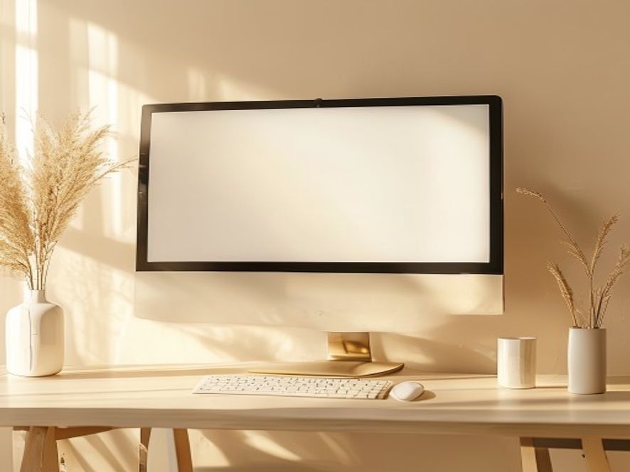 Professional ergonomic monitor setup with proper height and distance markings