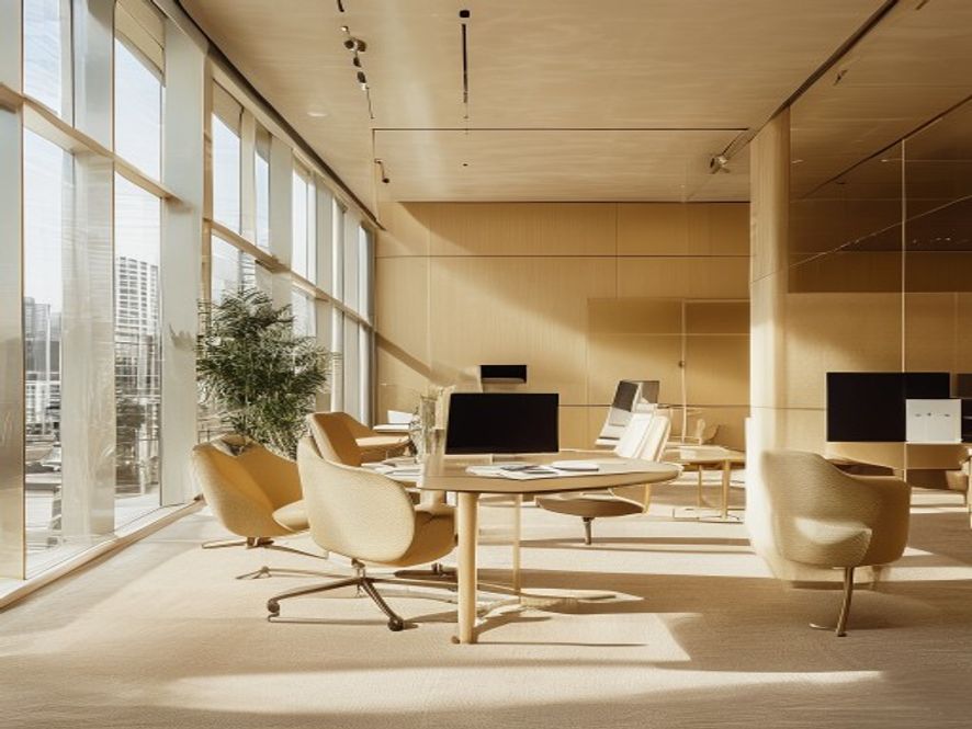 Modern office workspace with ergonomic furniture and window lighting
